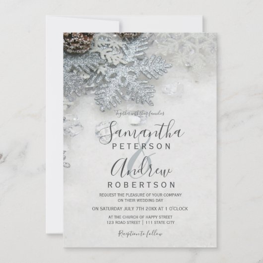 Winter wonderland zilversneeuwtypografie bruiloft kaart (Voorkant)