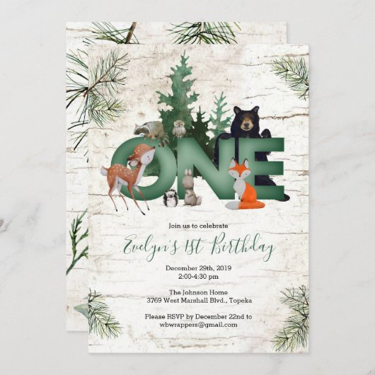 Winter Woodland 1e verjaardagsfeest uitnodiging (Voorkant / Achterkant)