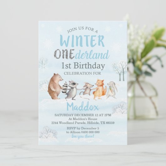 Winter Woodland 1st Birthday Uitnodiging (Staand voorkant)