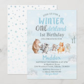 Winter Woodland 1st Birthday Uitnodiging (Voorkant / Achterkant)