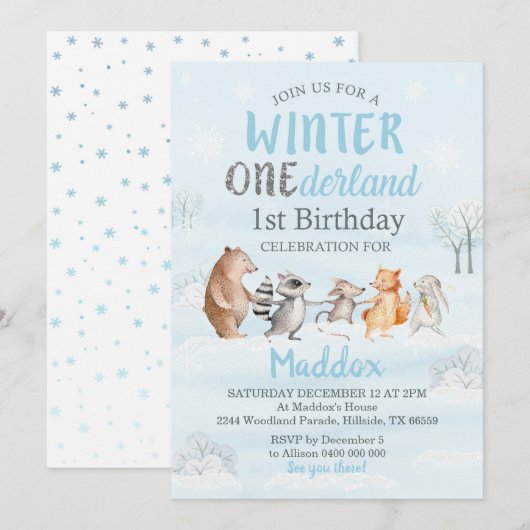Winter Woodland 1st Birthday Uitnodiging (Voorkant / Achterkant)