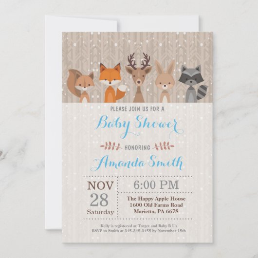 Winter Woodland Animal Boy Baby shower Uitnodiging (Voorkant)