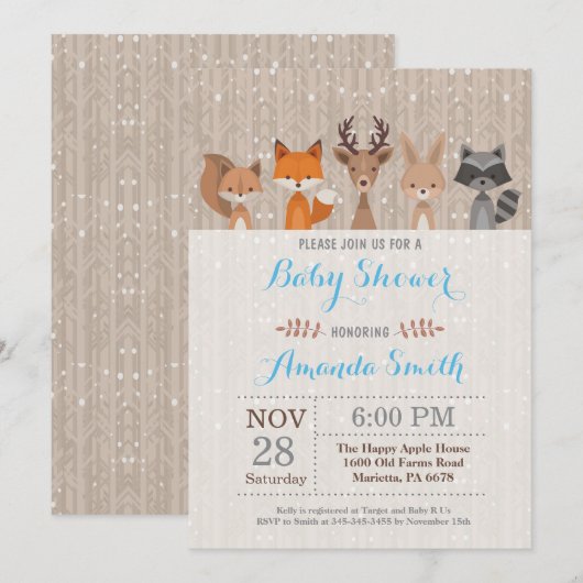 Winter Woodland Animal Boy Baby shower Uitnodiging (Voorkant / Achterkant)