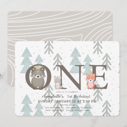Winter Woodland Animals 1st Birthday Invitation Kaart (Voorkant / Achterkant)