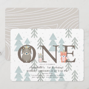 Winter Woodland Animals 1st Birthday Invitation Kaart