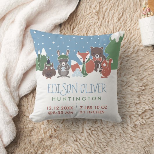 Winter Woodland Animals Baby Birth Stats Kussen (Deken)