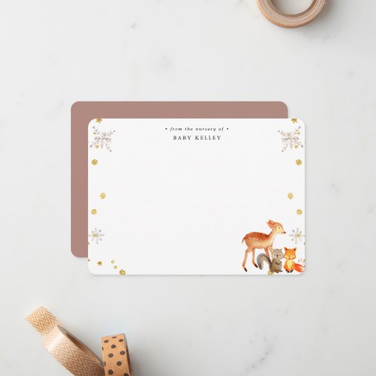 Winter Woodland Animals Baby Gepersonaliseerde vla Notitiekaartje (Voorkant / Achterkant in situ)