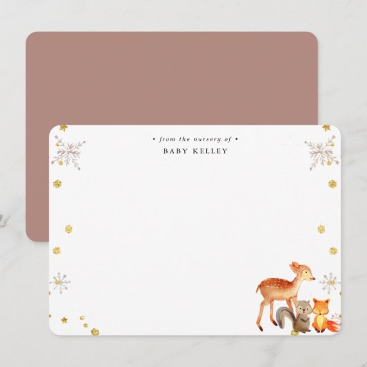 Winter Woodland Animals Baby Gepersonaliseerde vla Notitiekaartje (Voorkant / Achterkant)