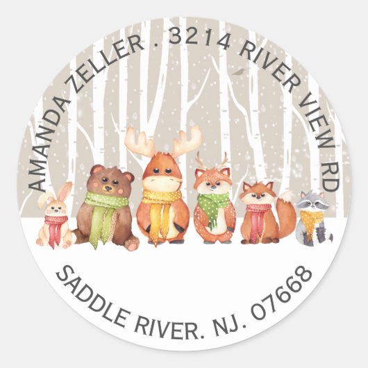 Winter Woodland Animals Baby shower Adreslabel Ronde Sticker (Voorkant)