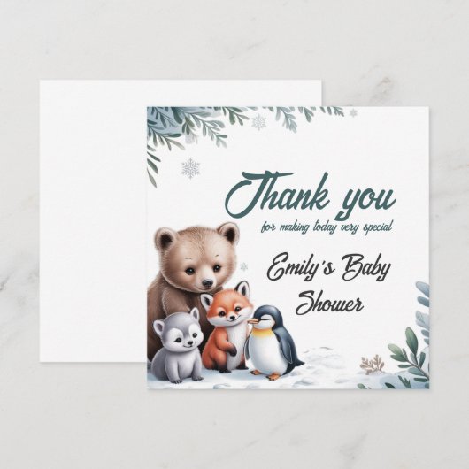 Winter Woodland Animals Baby shower Dank u kaart (Voorkant / Achterkant)