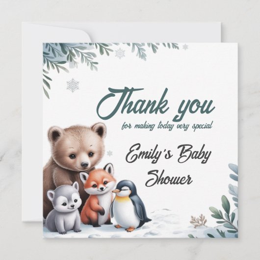 Winter Woodland Animals Baby shower Dank u kaart (Voorkant)