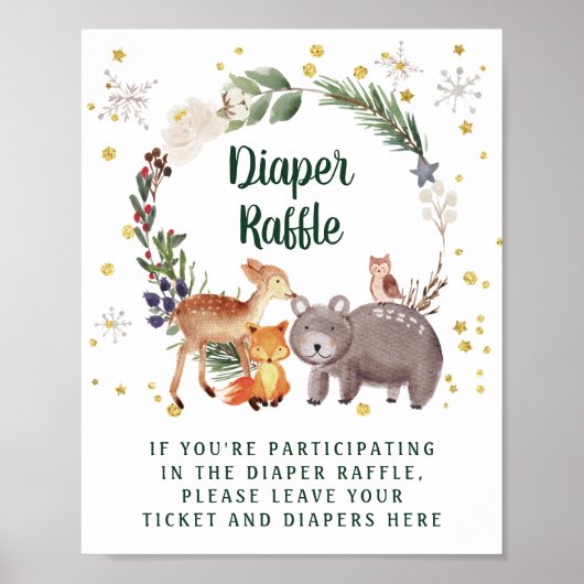 Winter Woodland Animals Baby shower Diaper Raffle Poster (Voorkant)
