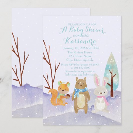 Winter Woodland Animals Baby shower Invitation Kaart (Voorkant / Achterkant)