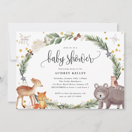 Winter Woodland Animals Baby shower Invitation Kaart (Voorkant)
