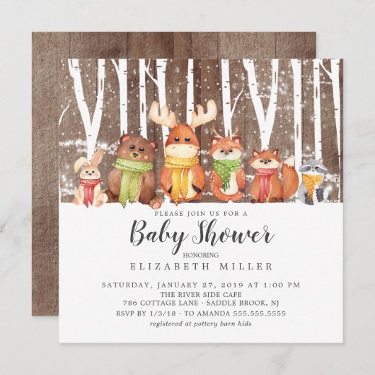 Winter Woodland Animals Baby shower Invitation Kaart (Voorkant / Achterkant)