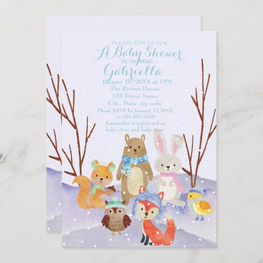 Winter Woodland Animals Baby shower Invitation Kaart (Voorkant / Achterkant)