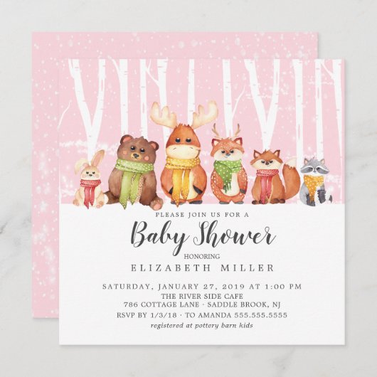 Winter Woodland Animals Baby shower Invitation Kaart (Voorkant / Achterkant)