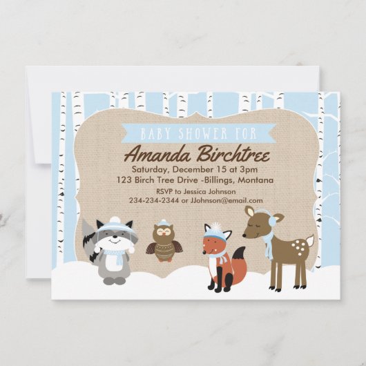 Winter Woodland Animals Baby shower Invite | Blauw Kaart (Voorkant)