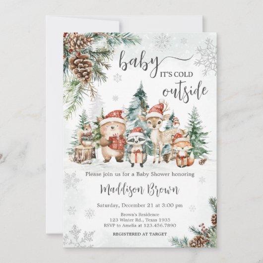 Winter Woodland Animals Baby shower Kaart (Voorkant)