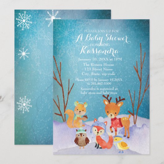 Winter Woodland Animals Baby shower Kaart (Voorkant / Achterkant)