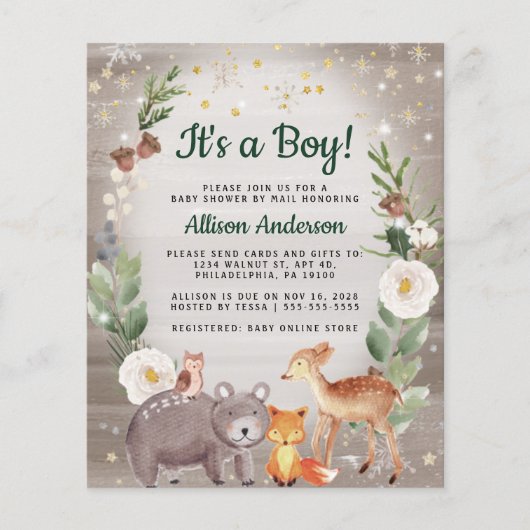 Winter Woodland Animals Baby shower per mail (Voorkant)