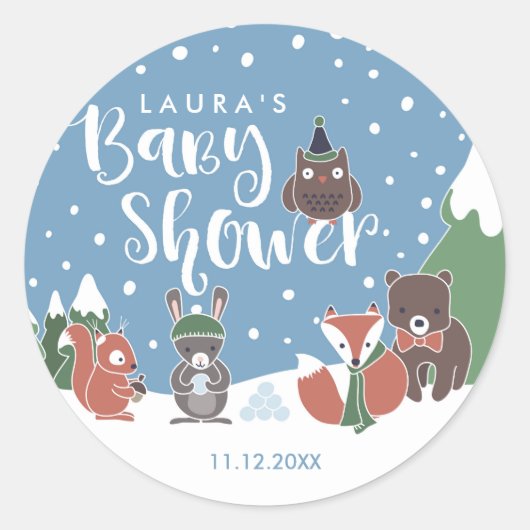 Winter Woodland Animals Baby shower Ronde Sticker (Voorkant)