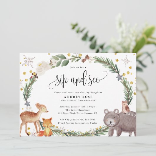 Winter Woodland Animals Baby Sip en Zie Kaart (Staand voorkant)
