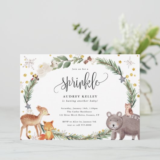 Winter Woodland Animals Baby Sprinkle Shower Kaart (Staand voorkant)