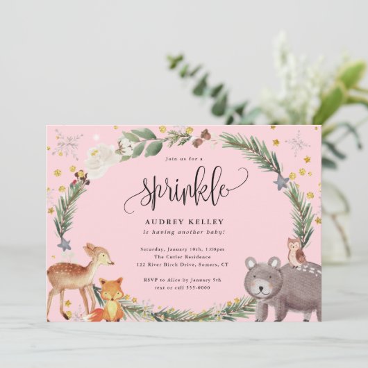 Winter Woodland Animals Baby Sprinkle Shower Pink Kaart (Staand voorkant)