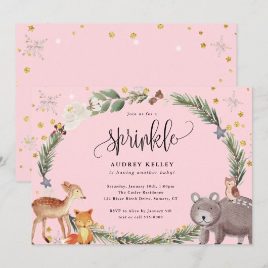 Winter Woodland Animals Baby Sprinkle Shower Pink Kaart (Voorkant / Achterkant)