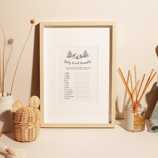 Winter Woodland Animals "Baby Word Scramble" spel Flyer