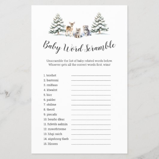 Winter Woodland Animals "Baby Word Scramble" spel Flyer (Voorkant)