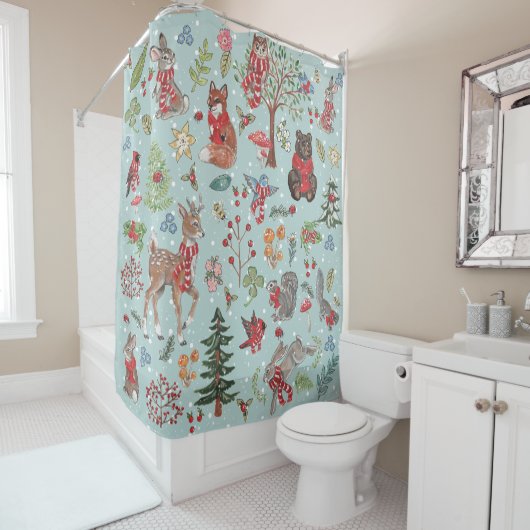 Winter Woodland Animals Blue Snow Forest Pattern Douchegordijn (In situ)