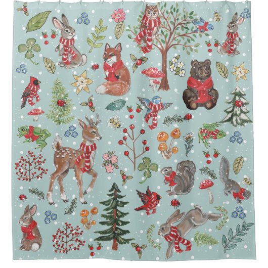 Winter Woodland Animals Blue Snow Forest Pattern Douchegordijn (Voorkant)
