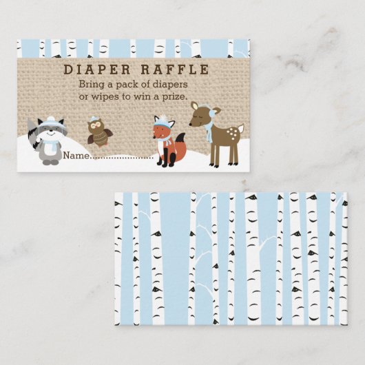 Winter Woodland Animals Diaper Raffle Cards Blue Informatiekaartje (Voorkant / Achterkant)