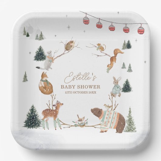 Winter Woodland Animals Forest Baby Shower Papieren Bordje (Voorkant)