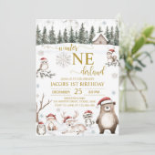 Winter Woodland Animals Onederland 1e verjaardag Kaart (Staand voorkant)
