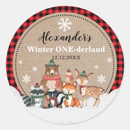 Winter Woodland Animals Onederland 1e verjaardag Ronde Sticker (Voorkant)