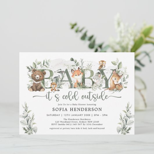 Winter Woodland Animals Sage Greenery Baby shower Kaart (Staand voorkant)