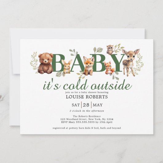 Winter Woodland Animals Sage Greenery Baby shower Kaart (Voorkant)