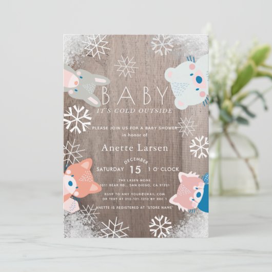 Winter Woodland Animals Snowflake Blue Baby shower Kaart (Staand voorkant)