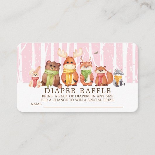 Winter Woodland Baby Dieren Luier Raffle Ticket Informatiekaartje (Voorkant)