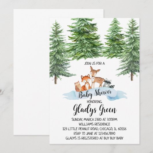 Winter Woodland Baby shower Uitnodiging (Voorkant / Achterkant)