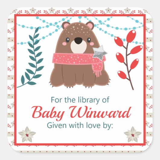 Winter Woodland Beer Baby Library Bookplaat Vierkante Sticker (Voorkant)