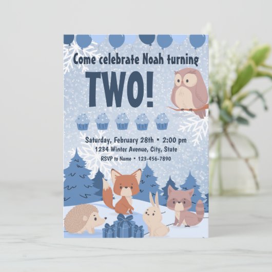 Winter Woodland Birthday Invitation Kaart (Staand voorkant)