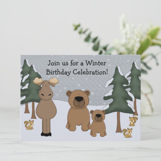 Winter Woodland Birthday Invitation Kaart (Staand voorkant)