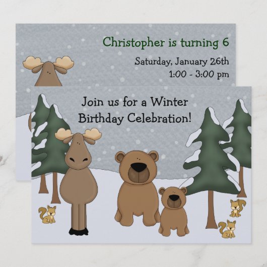 Winter Woodland Birthday Invitation Kaart (Voorkant / Achterkant)