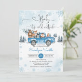 Winter Woodland Blue Truck Baby shower Kaart (Staand voorkant)