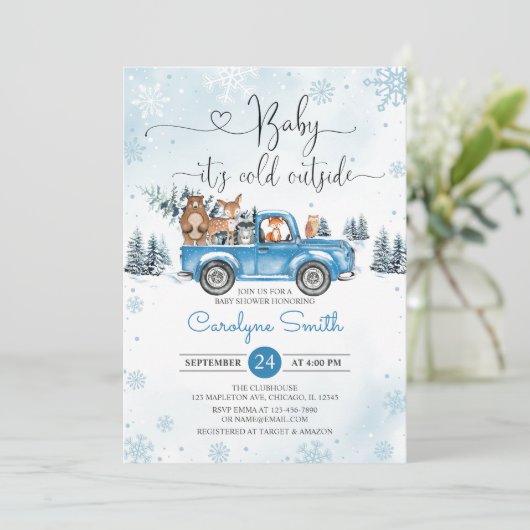 Winter Woodland Blue Truck Baby shower Kaart (Staand voorkant)