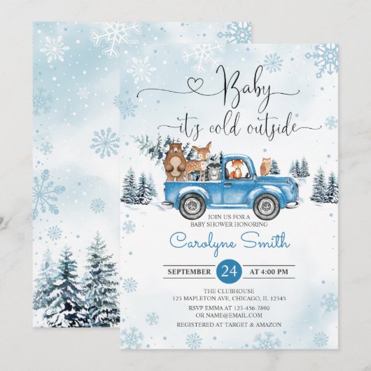 Winter Woodland Blue Truck Baby shower Kaart (Voorkant / Achterkant)